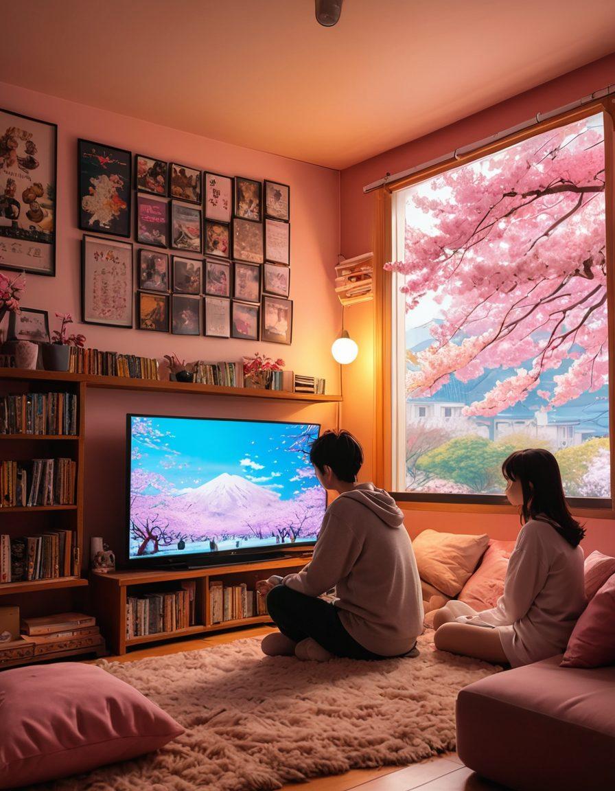 A cozy evening scene with a couple watching a romantic anime series on a large screen, surrounded by posters of iconic romantic anime shows. The room should be filled with a warm, inviting light with stacks of anime DVDs and plushies around. The backdrop should have cherry blossom trees visible through the windows. vibrant colors. anime art style.