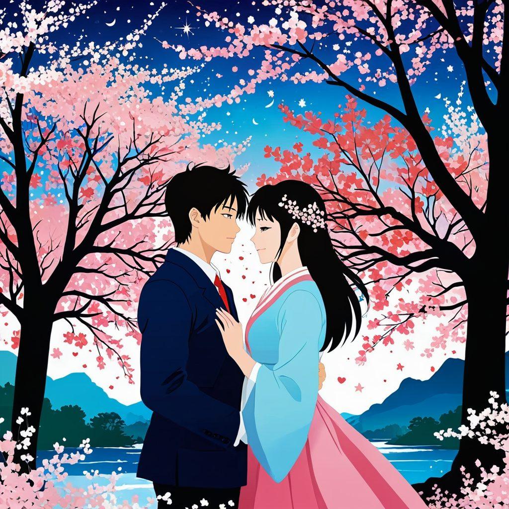 A vibrant collage featuring iconic couples from beloved anime romances, such as Tohru and Kyo from 'Fruits Basket,' Usagi and Mamoru from 'Sailor Moon,' and Taiga and Ryuuji from 'Toradora!' Highlight each couple in tender moments with cherry blossoms, heart-shaped sparkles, and soft lighting. vector art. vibrant colors.