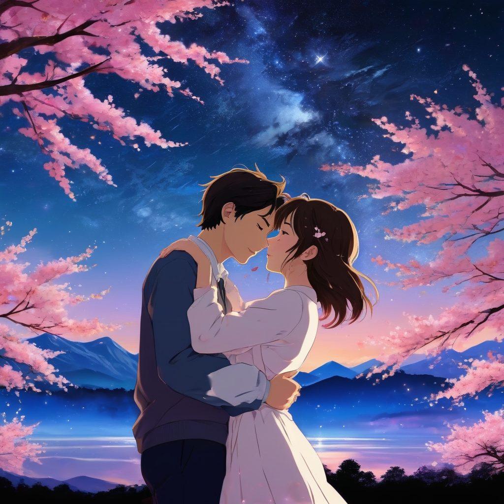 A collage of beloved romantic anime couples against a dreamy, starry night backdrop; each pair captured in an emotional, loving embrace. Include iconic scenes from popular titles like 'Your Name', 'Clannad', and 'Your Lie in April'. Superimpose gentle cherry blossom petals gently falling across the scene. anime-style. vibrant colors. dreamy background.